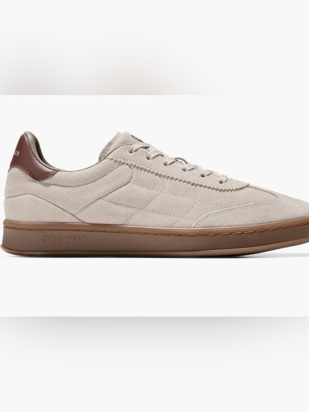 Cole Haan Men's Light Beige Suede Sneaker with Brown Heel and Sole